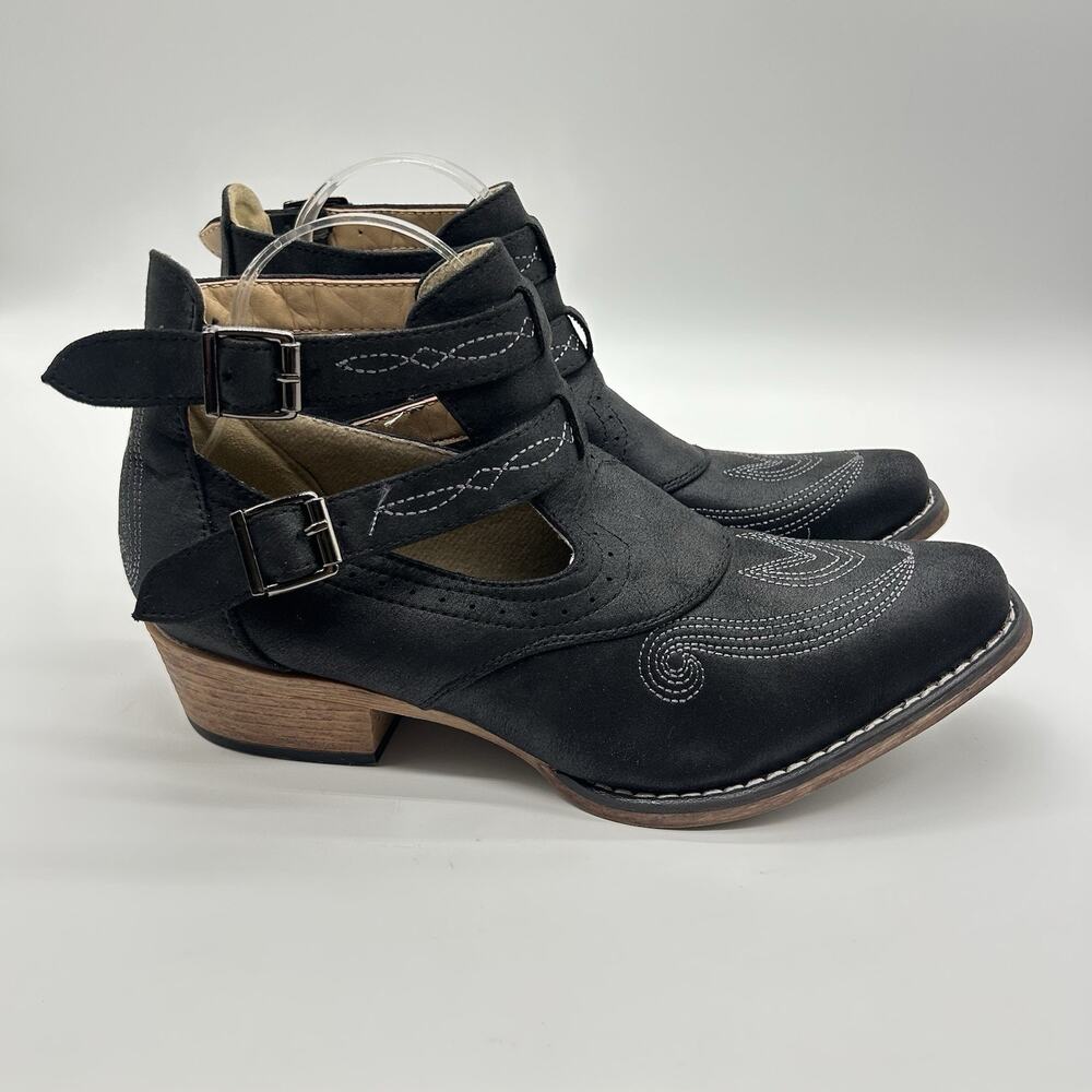 Roper Willa Womens 11 Black Cutout Western Boots Ankle Strap Cowgirl Booties